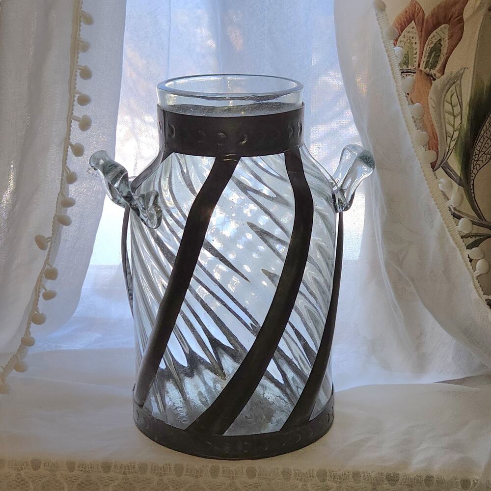 Vintage Hand Blown Caged Glass Metal Vase Statement Centerpiece Made In Mexico